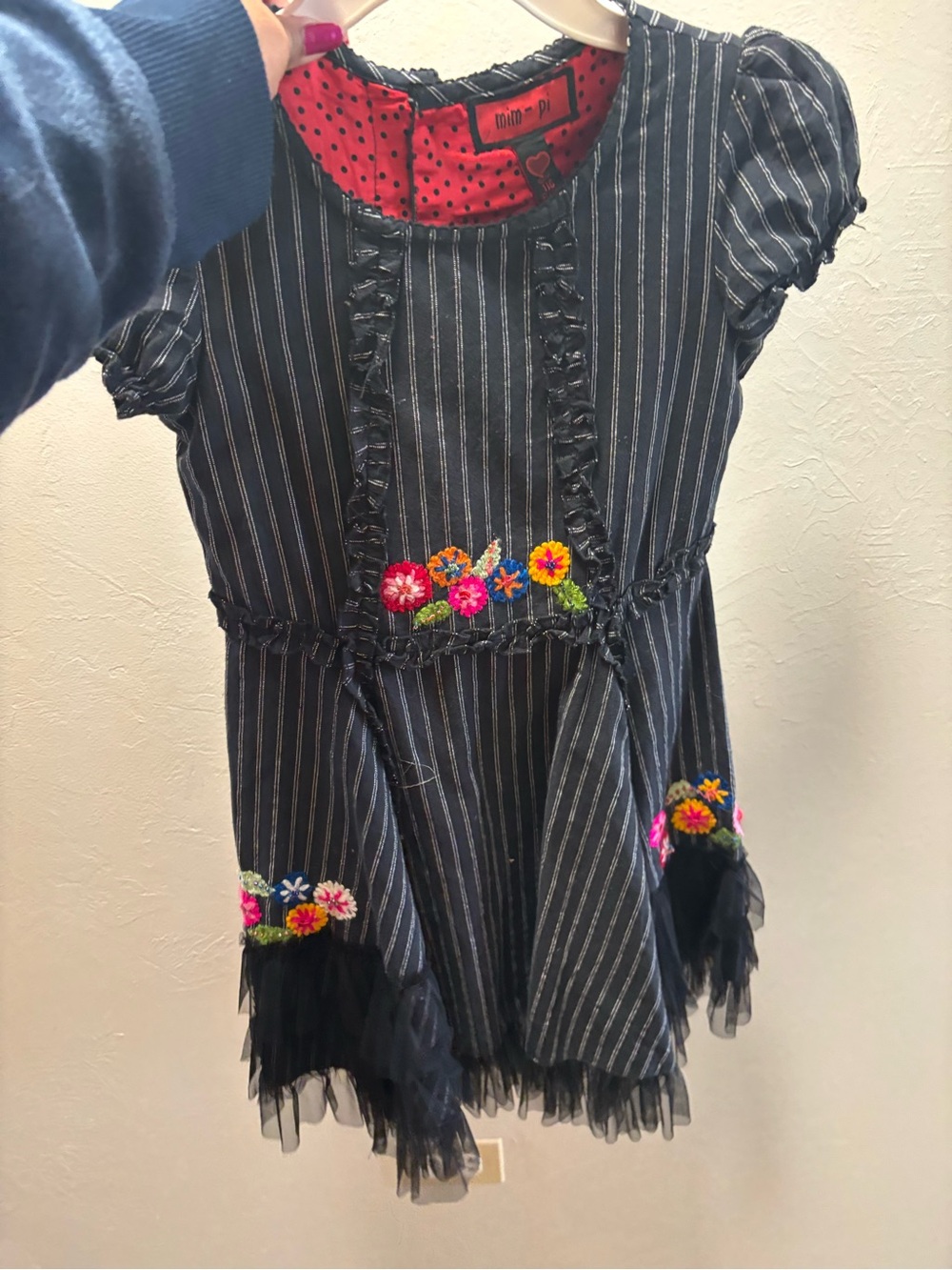 Mim-Pi Pinstripe Dress with Red Polka Lining